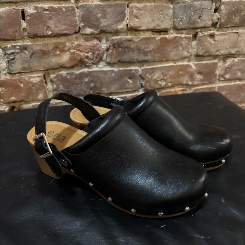 a.n.a Black Leather Mules with Silver Accents